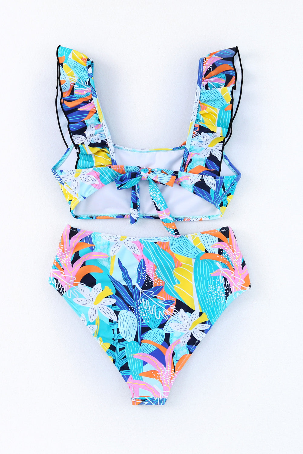 Green Tropical Print Ruffled Square Neck Tie High Waist Swimsuit - Cowaa