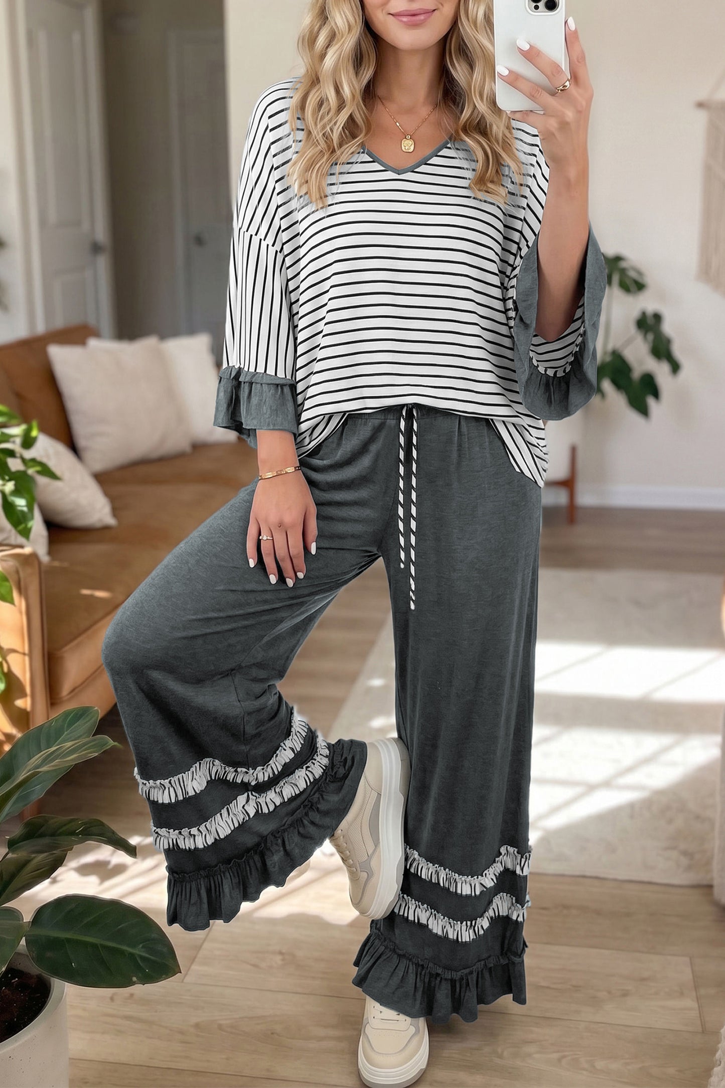 Blue Stripe V Neck Ruffle Contrast Sleeve Top Drawstring Pants 2pcs Set