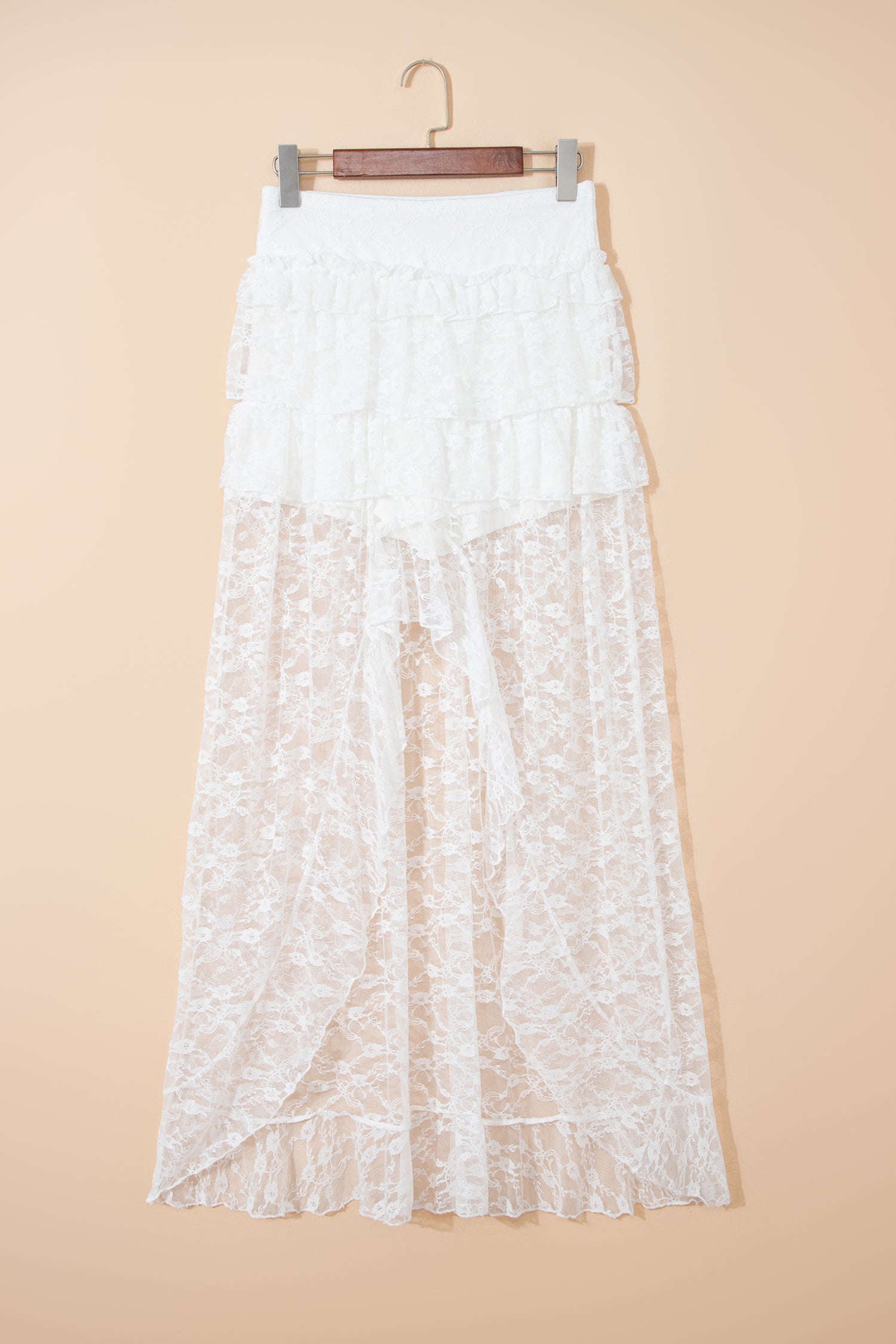 White Sheer Lace Frilly Ruffles High Low Long Skirt - Cowaa