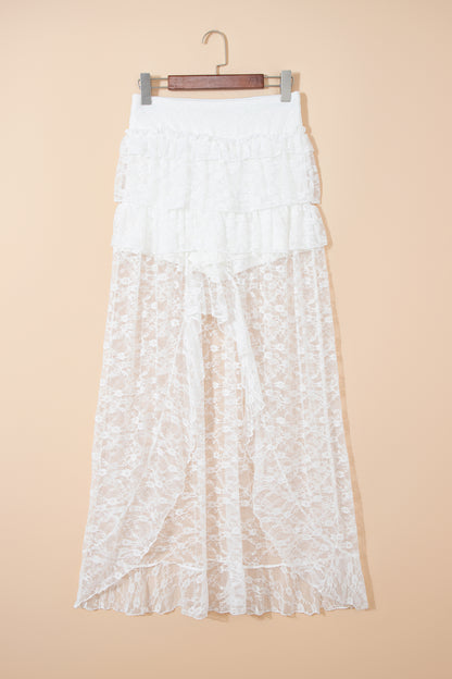 White Sheer Lace Frilly Ruffles High Low Long Skirt - Cowaa