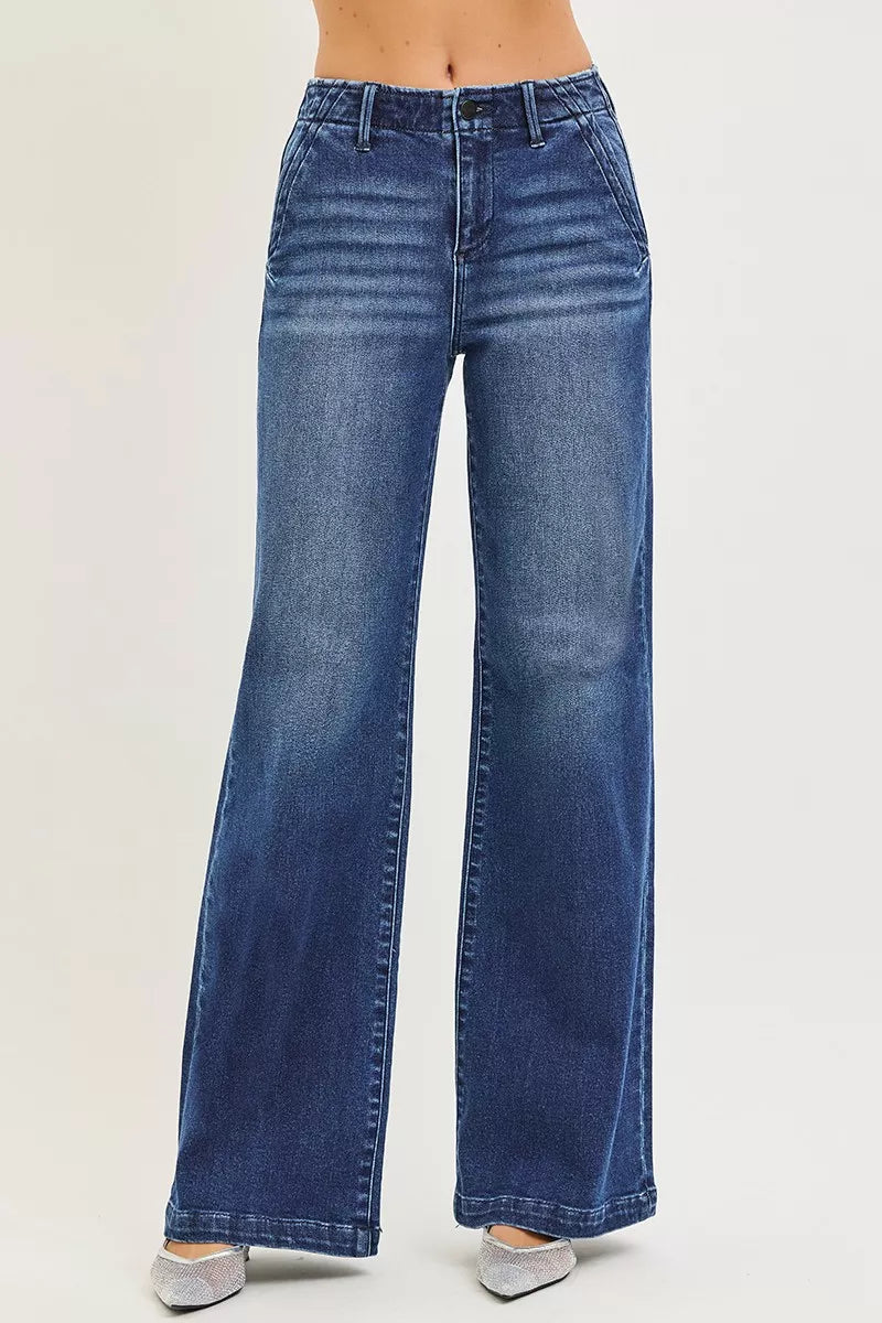 RISEN High Rise Wide Leg Slanted Pocket Jeans.