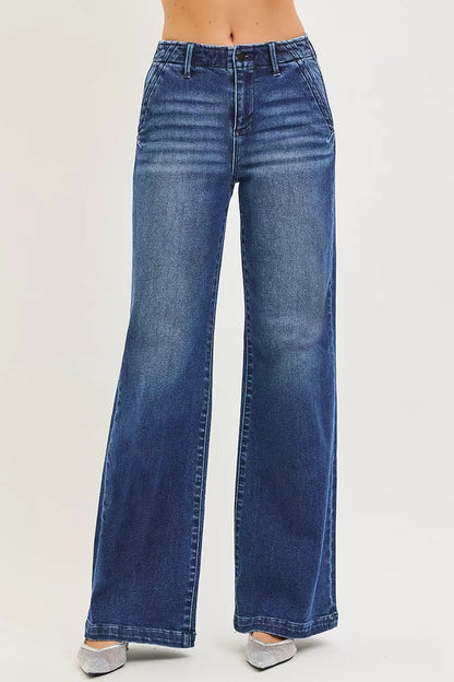 RISEN High Rise Wide Leg Slanted Pocket Jeans.