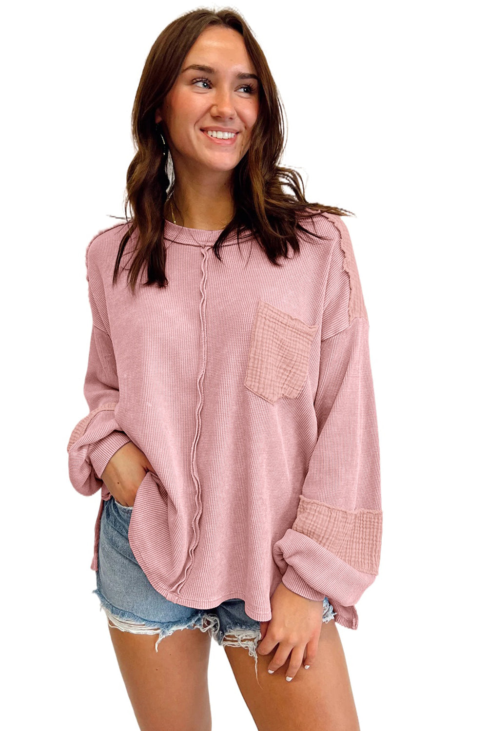 Crinkle Patchwork Long Sleeve Top - Cowaa