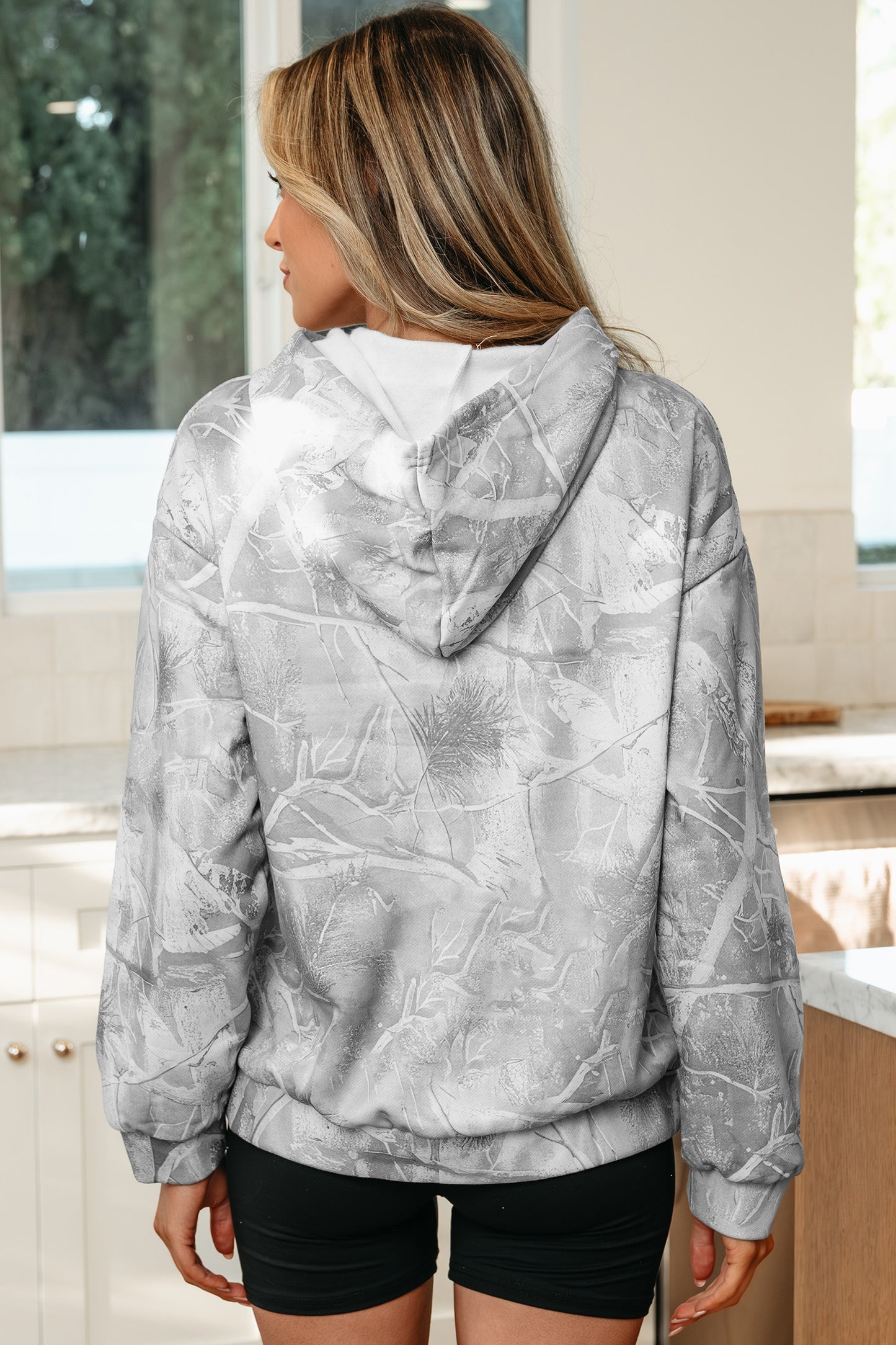 Gray Camouflage Woodland Print Oversized Sporty Hoodie - Cowaa