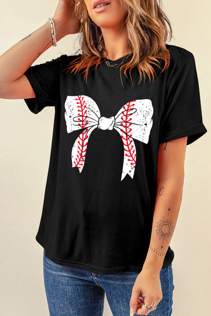 Gray Casual Baseball Bowknot Graphic Roll Up Sleeve Tee - Cowaa