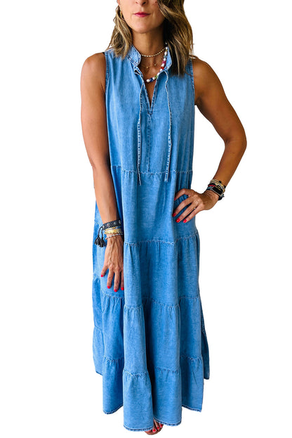 Real Teal Sleeveless Tiered Chambray Maxi Dress - Cowaa