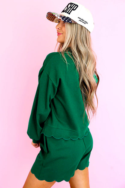 Blackish Green Embroidered Scallop Trim Half Button Pullover Casual Shorts Set.