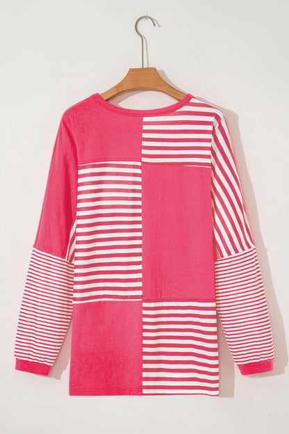 Pink Stripe Color Block Patchwork Drop Shoulder Long Sleeve Tunic Top - Cowaa