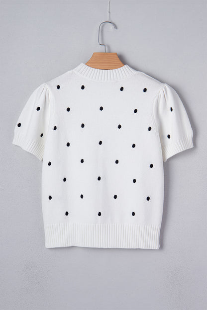 White Elegant Polka Dot Bubble Short Sleeve Sweater - Cowaa