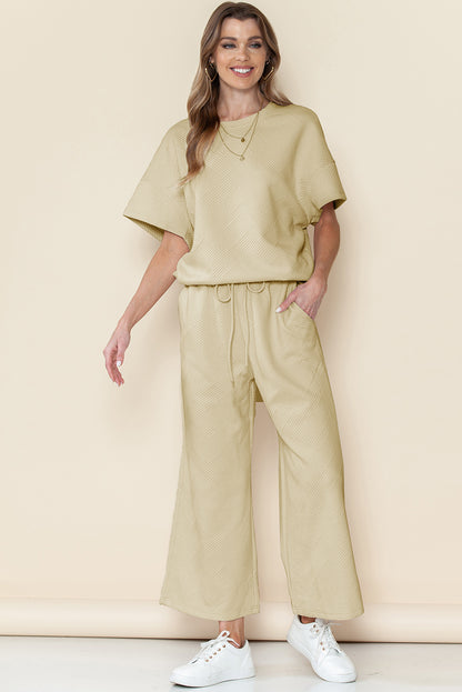 Navy Blue Textured Loose Fit T Shirt and Drawstring Pants Set - Cowaa