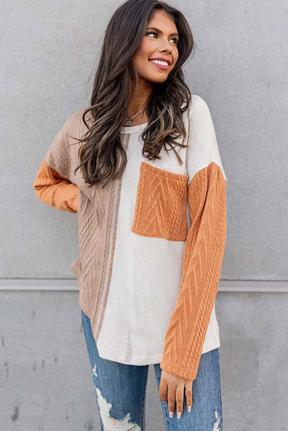 Long Sleeve Colorblock Chest Pocket Textured Knit Top - Cowaa