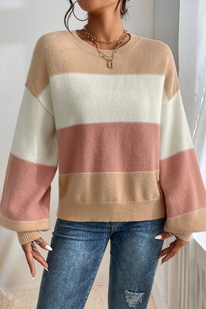 Dusty Pink Color Block Drop Shoulder Sweater - Cowaa