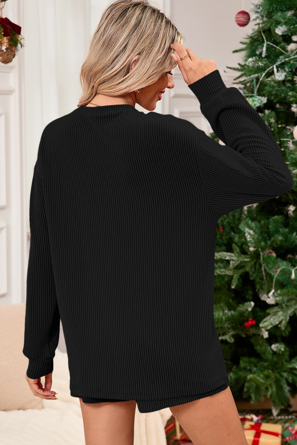 Black Corded MERRY Long Sleeve Top and Shorts Pajama Set - Cowaa