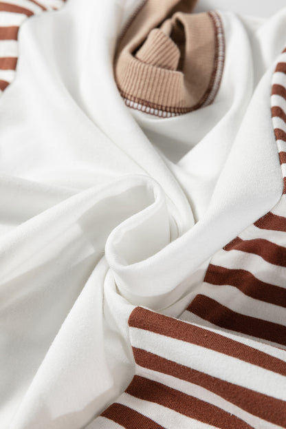 Brown Stripe Colorblock Patchwork Contrast Stitching Oversize Sweatshirt - Cowaa