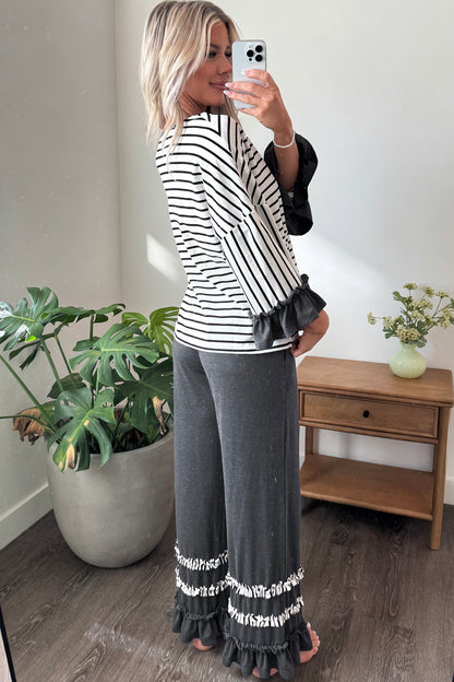 Blue Stripe V Neck Ruffle Contrast Sleeve Top Drawstring Pants 2pcs Set