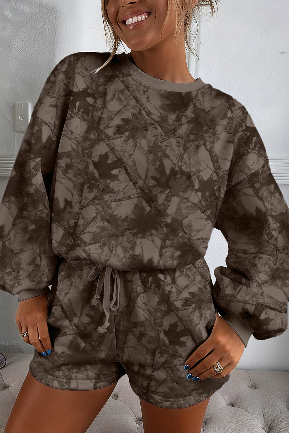 Brown Camouflage Print Round Neck Drop Sleeve Shorts Set - Cowaa