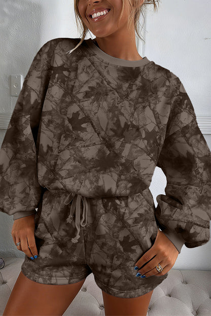 Brown Camouflage Print Round Neck Drop Sleeve Shorts Set - Cowaa