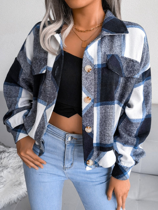 Plaid Collared Neck Long Sleeve Jacket - Cowaa