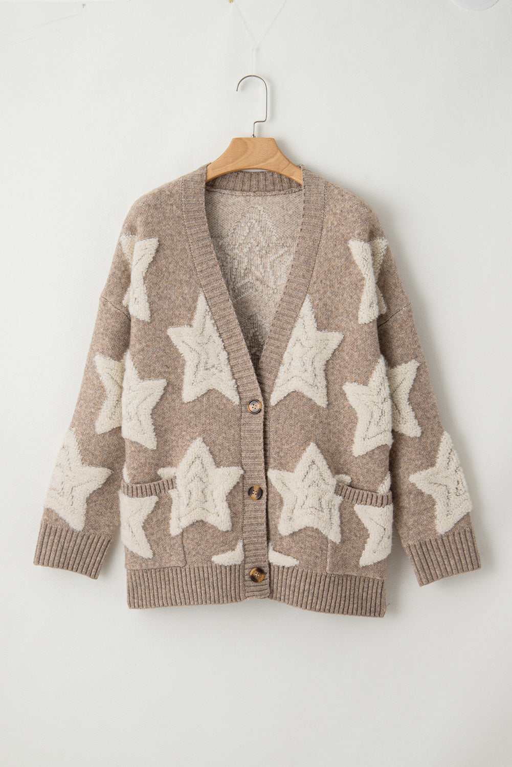 Khaki Star Pattern Pockets Button Front Cardigan - Cowaa