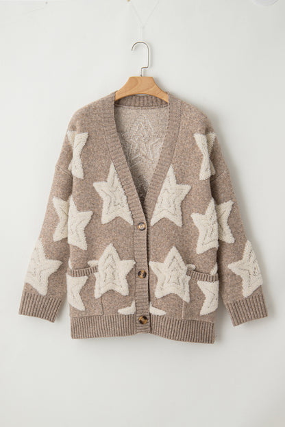 Khaki Star Pattern Pockets Button Front Cardigan - Cowaa