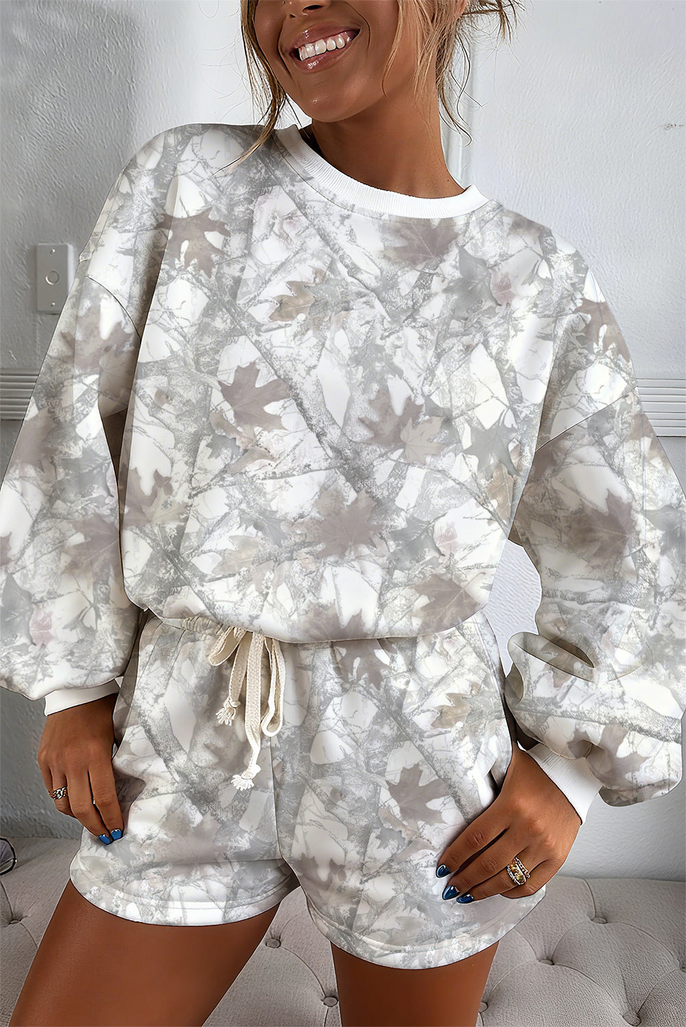 Brown Camouflage Print Round Neck Drop Sleeve Shorts Set - Cowaa