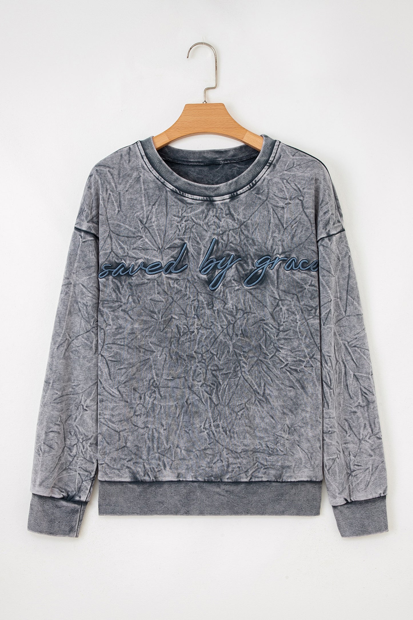 High-rise saved by grace Letter Embroidery Mineral Wash Loose Sweatshirt - Cowaa