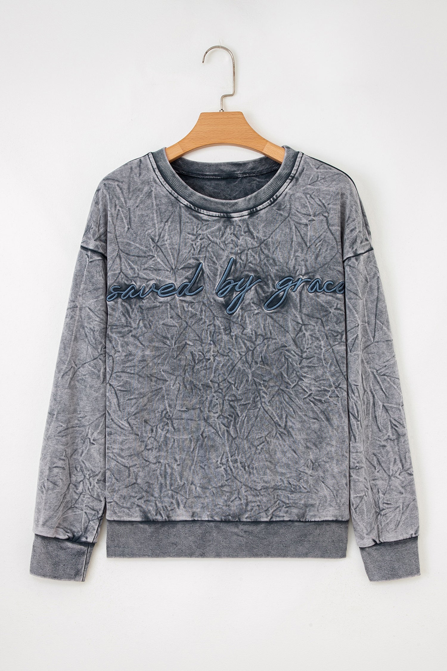 High-rise saved by grace Letter Embroidery Mineral Wash Loose Sweatshirt - Cowaa