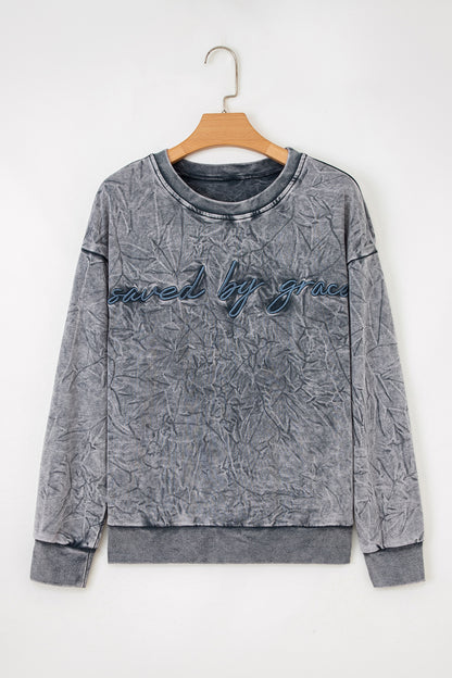 High-rise saved by grace Letter Embroidery Mineral Wash Loose Sweatshirt - Cowaa