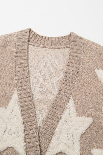Khaki Star Pattern Pockets Button Front Cardigan - Cowaa