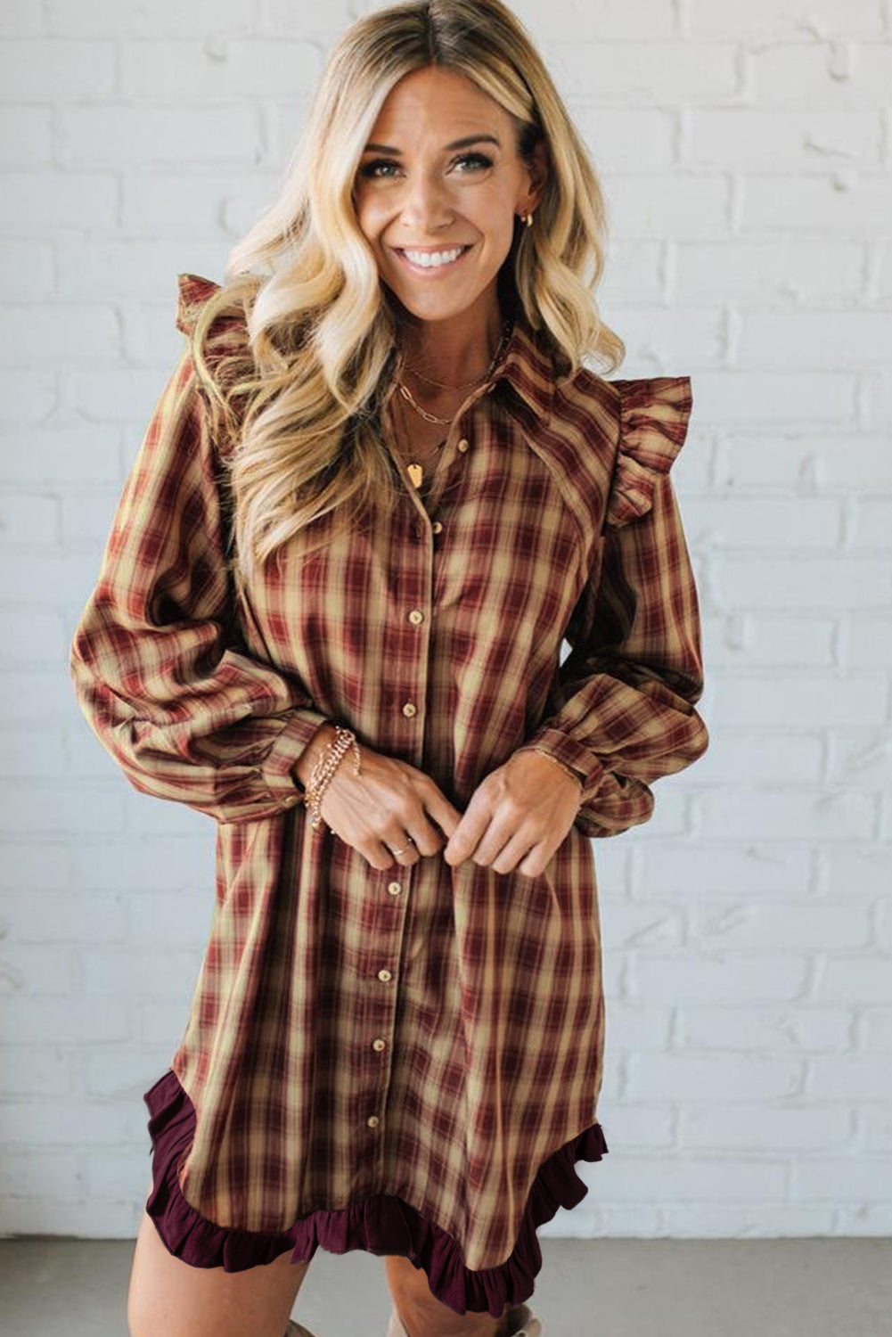 Red Plaid Print Ruffled Long Sleeve Patchwork Hem Mini Shirt Dress - Cowaa
