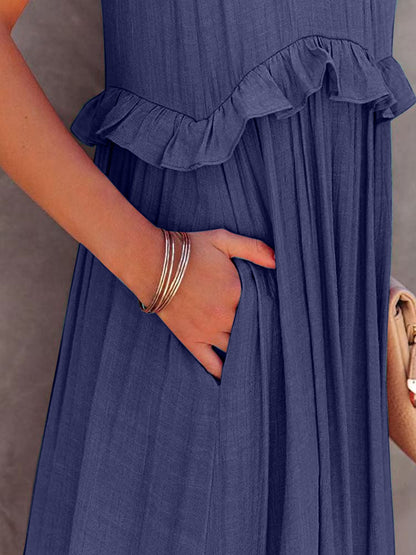 Ruffled Sleeveless Tiered Maxi Dress with Pockets - Cowaa