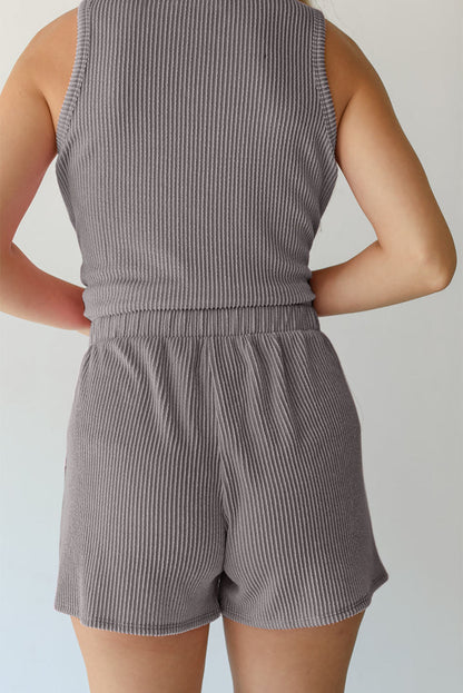 Medium Grey Corded Sleeveless Top and Pocketed Shorts Set - Cowaa
