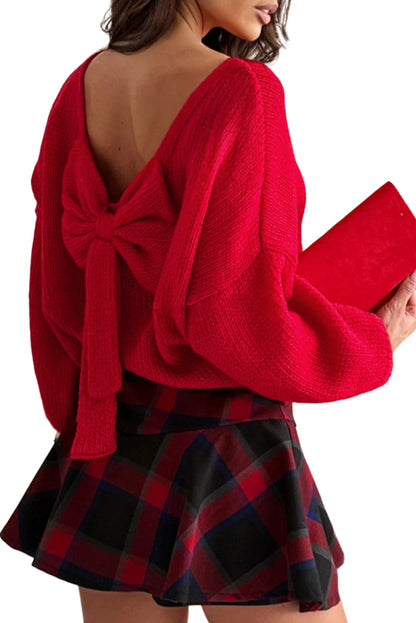 Fiery Red Festive Bow Backless Bubble Sleeve Sweater - Cowaa