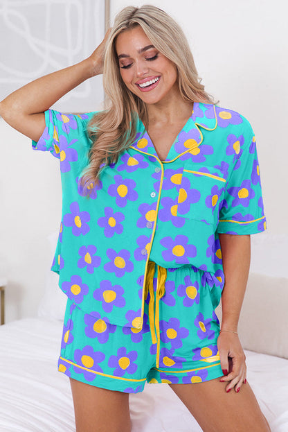 Green Flower Print Buttoned Shirt and Drawstring Waist Pajama Set - Cowaa