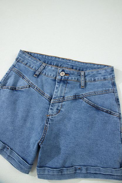 Ivy Seam Detail Pocketed Cuffed Hem Denim Shorts - Cowaa