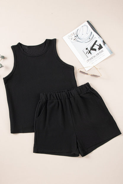 Medium Grey Corded Sleeveless Top and Pocketed Shorts Set - Cowaa
