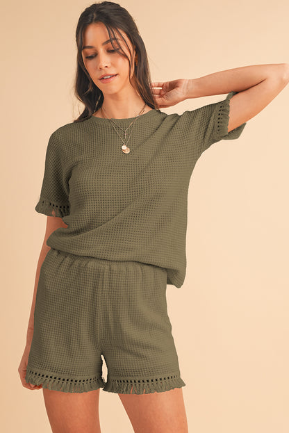 Beige Fringe Trim Waffle Knit Textured Shorts Set - Cowaa