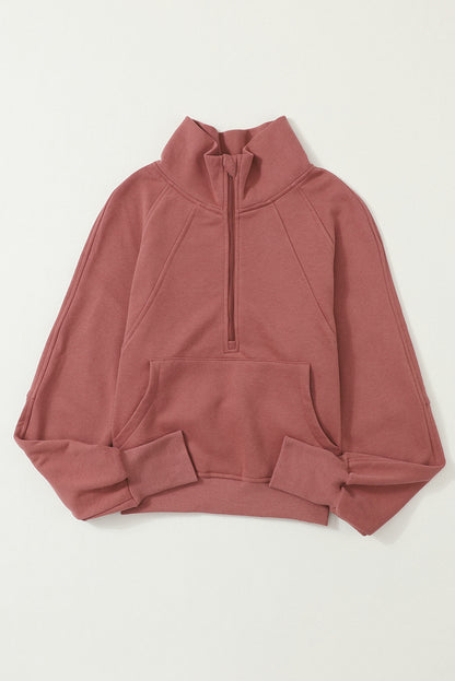 Brown Zip Up Stand Collar Thumbhole Sleeve Sweatshirt - Cowaa