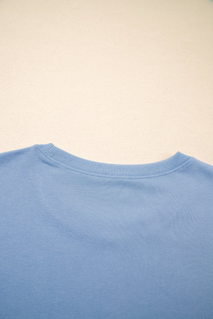 Sky Blue Solid Color Contrast Textured Patchwork Raw Edge 2pcs Short Set - Cowaa