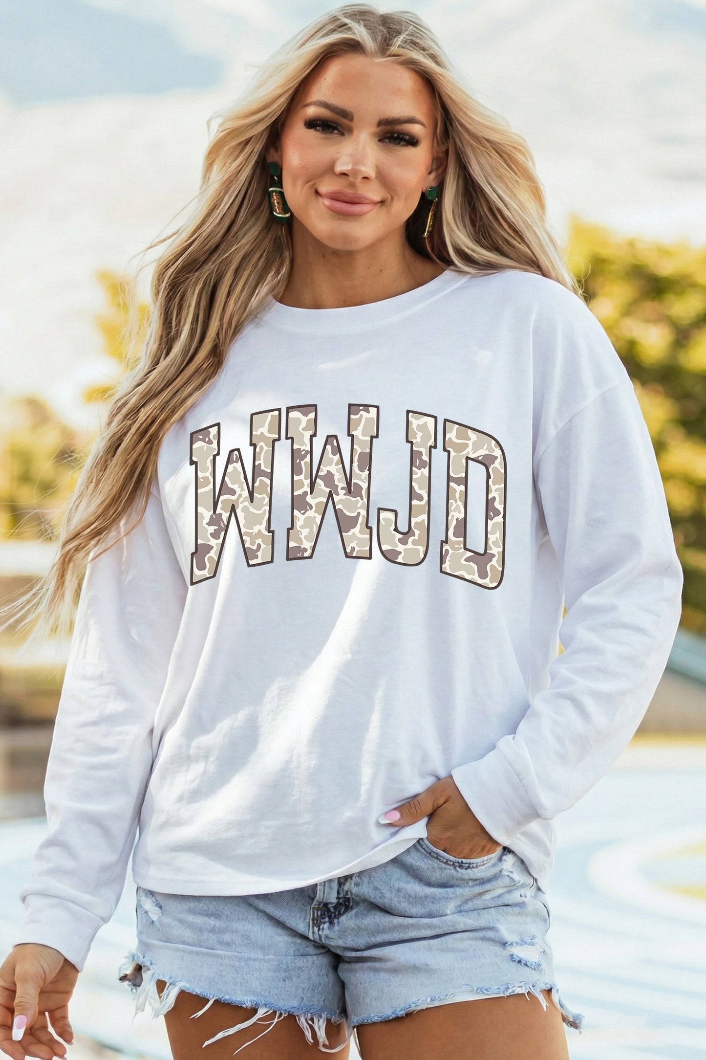 White WWJD Camo Letter Printed Long Sleeve Top