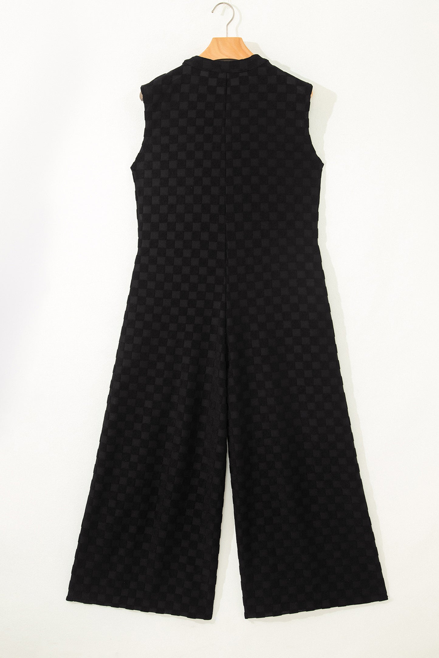 Black Half Buttons Sleeveless Wide Leg Textured Jumpsuit - Cowaa