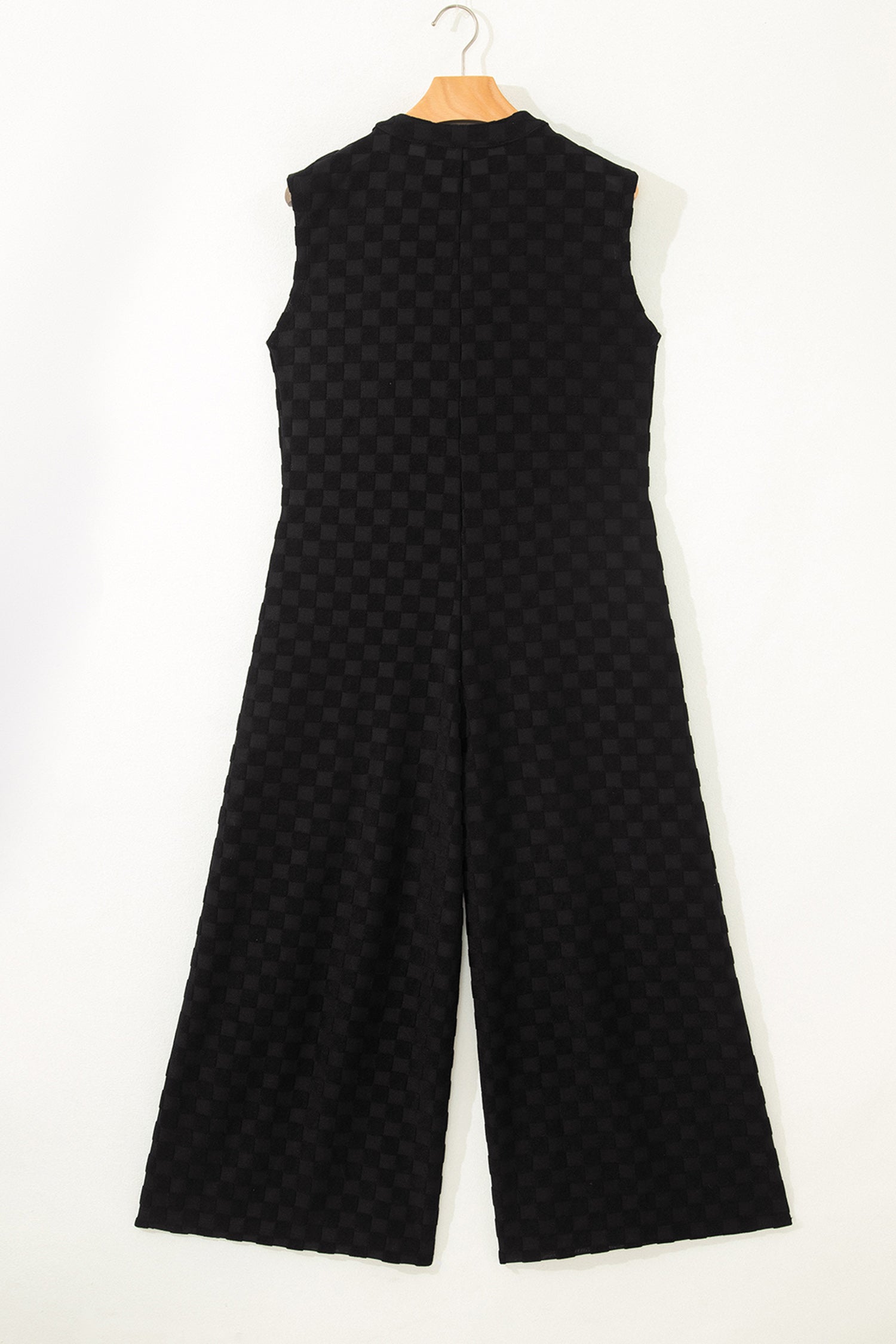 Black Half Buttons Sleeveless Wide Leg Textured Jumpsuit - Cowaa