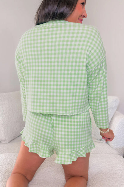 Green Gingham Long Sleeve Loose Top Drawstring Shorts 2pcs Lounge Set - Cowaa