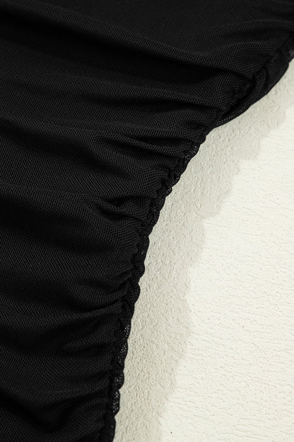 Black Sheer Mesh Patchwork High Neck Long Sleeve Top