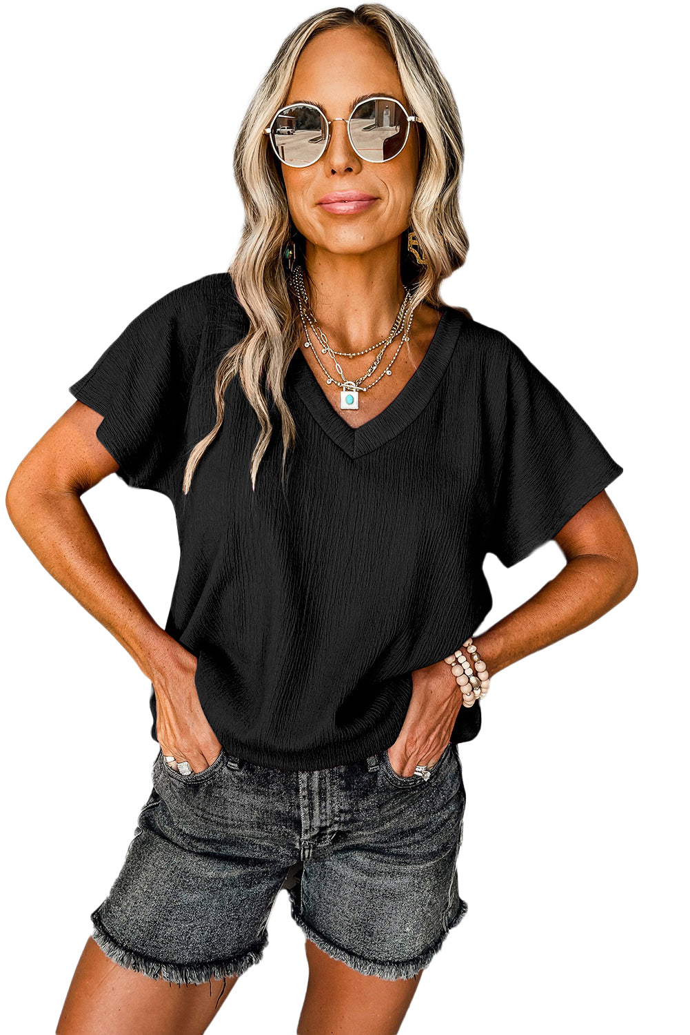 Black Plain Crinkled V Neck Short Sleeve Blouse - Cowaa