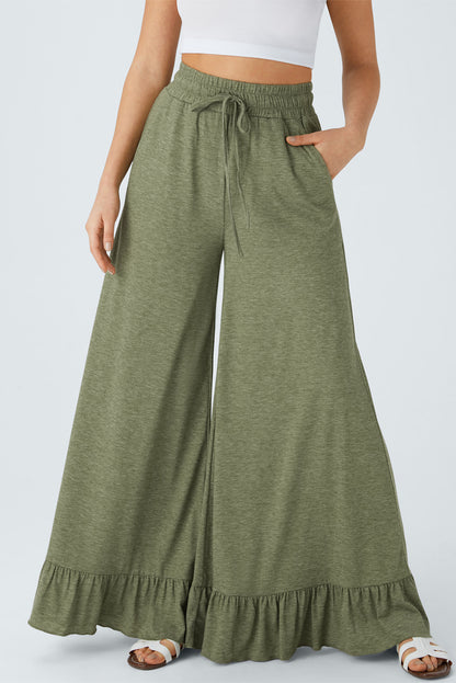 Dune Solid Color Ruffle Hem Wide Leg Pants - Cowaa