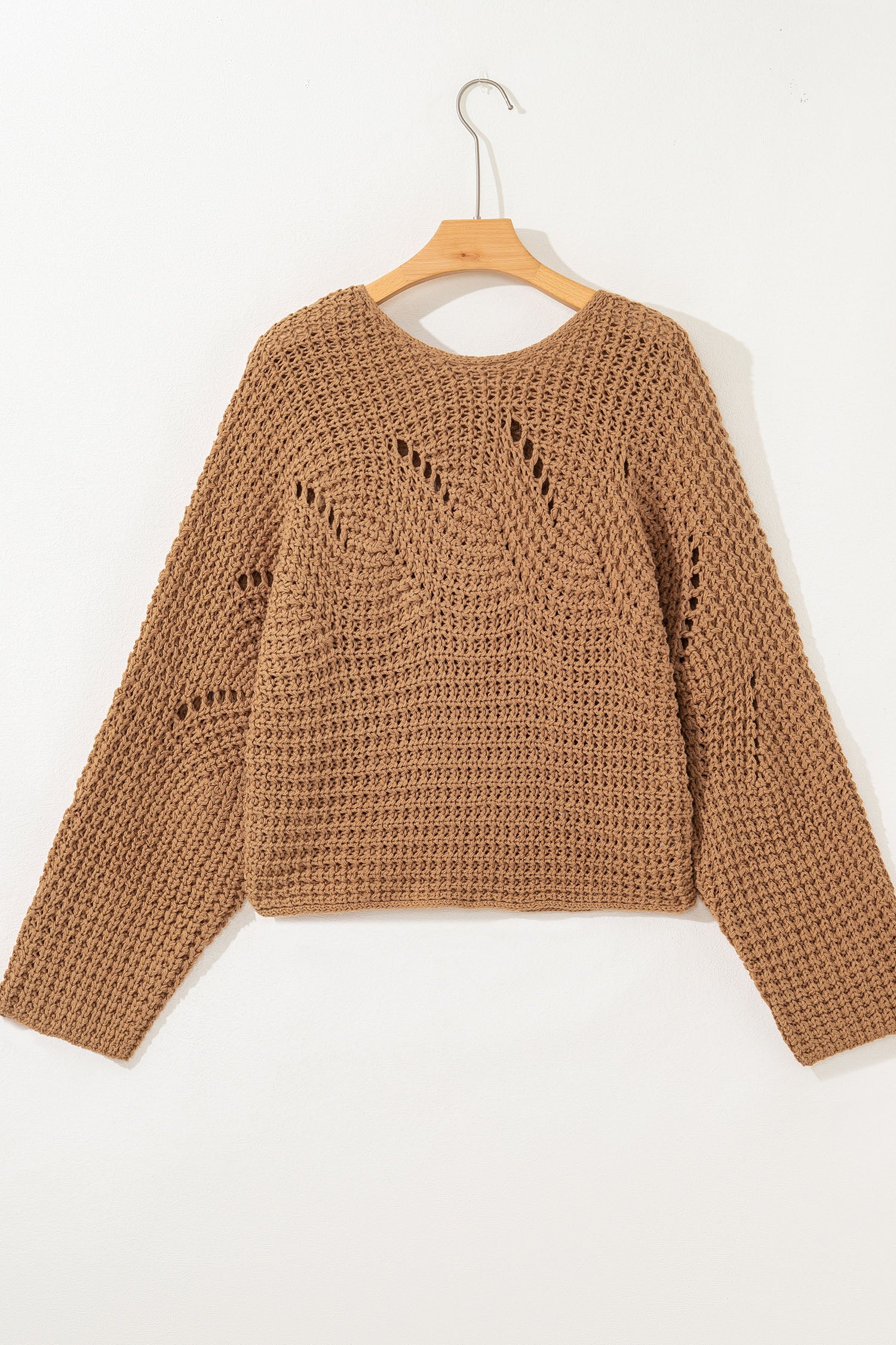 Camel Hollowed Detail Wide Sleeve Loose Pullover Sweater - Cowaa