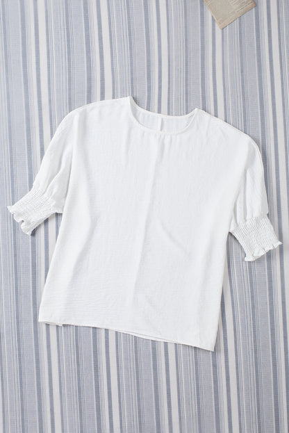 Apricot Solid Casual Smocked Cuffs Batwing Sleeve Blouse - Cowaa