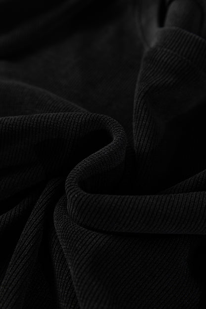 Black Solid Color Textured Knit Drop Shoulder Pullover Drawstring Shorts Set