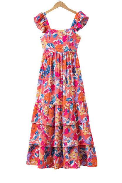 Boho Floral Print Ruffle Sleeveless Tiered Maxi Dress